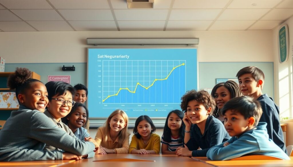 A bright, vibrant classroom setting with diverse students of varying ages and backgrounds gathered around a large data visualization display. The display showcases a narrowing gap between two data points, representing the measurable improvement in educational outcomes. Soft, directional lighting casts a warm glow, creating an atmosphere of collaborative learning and discovery. The students are engaged, their expressions reflecting a sense of pride and accomplishment. The overall composition conveys a message of progress, empowerment, and the transformative power of data-driven approaches to reduce achievement gaps.