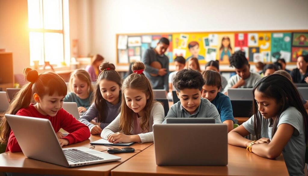 A classroom setting with diverse students of different ages and backgrounds, each equipped with a modern laptop or tablet device. Warm, natural lighting filters through large windows, casting a soft glow over the scene. In the foreground, a group of students collaboratively working on projects, their faces animated with engagement. In the middle ground, a teacher moves among the students, offering guidance and encouragement. The background reveals a vibrant display of student artwork, showcasing the creativity and digital literacy fostered by the 1:1 device program. The overall atmosphere conveys a sense of inclusive, technology-enhanced learning.