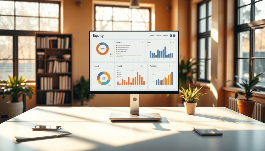 A clean, well-designed data dashboard hovers above a tidy workspace. The dashboard displays various metrics and visualizations, meticulously tracking the progress and impact of equity initiatives. Warm, natural lighting filters through large windows, casting a soft glow on the scene. The dashboard's intuitive layout and clear data presentation invite analysis and informed decision-making. In the background, a bookshelf and potted plants suggest a thoughtful, research-driven environment. The overall atmosphere is one of diligence, transparency, and a steadfast commitment to driving meaningful change.