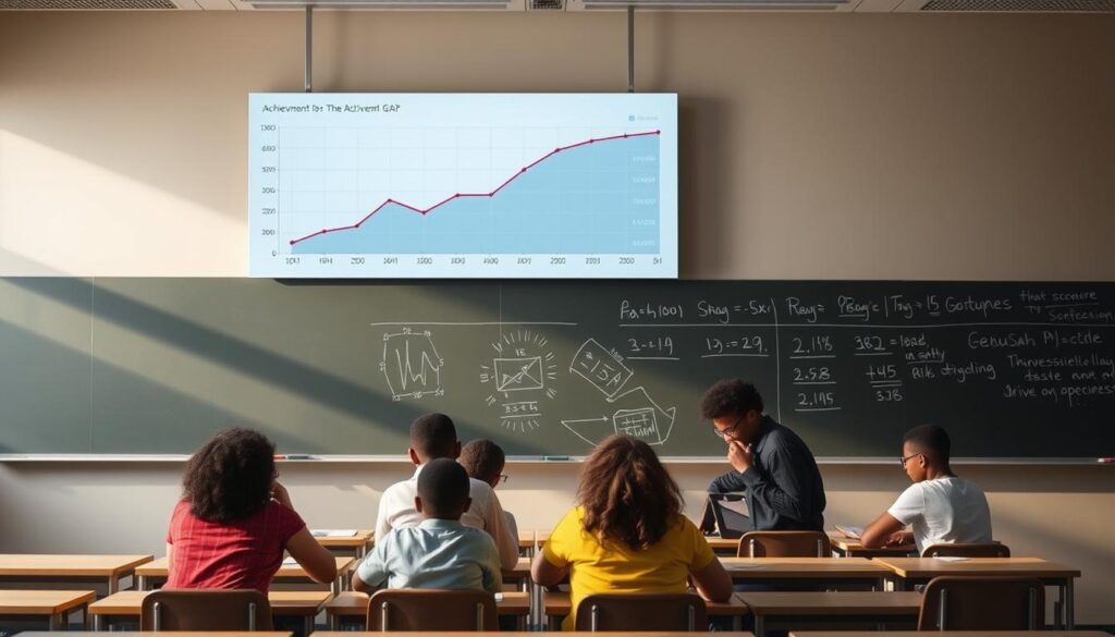 A data visualization dashboard hovers above a classroom setting, displaying a line graph that converges as the achievement gap narrows. The dashboard is illuminated by soft, directional lighting, casting subtle shadows on the desks and chairs below. In the foreground, a diverse group of students collaborates, analyzing data points and discussing strategies to drive equitable outcomes. The middle ground features an expansive chalkboard, with scribbled notes and calculations, reflecting the analytical process. The background evokes a sense of tranquility, with muted colors and a serene, contemplative atmosphere, emphasizing the importance of data-driven approaches to address educational disparities.