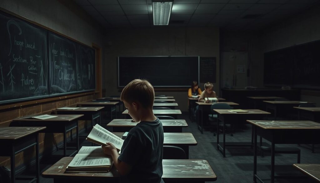 A dimly lit classroom, desks in disrepair, chalkboards worn and faded. In the foreground, a young student struggles with outdated textbooks, while their more affluent peers in the background enjoy modern learning materials and technology. Stark shadows cast by harsh overhead lighting accentuate the divide, the classroom an allegory for the systemic inequality in educational funding. Muted tones of gray and brown convey the somber reality of opportunity gaps shaped by socioeconomic status. A wide-angle lens captures the breadth of this complex issue, inviting the viewer to contemplate the deep-rooted causes behind the disparities in our schools.