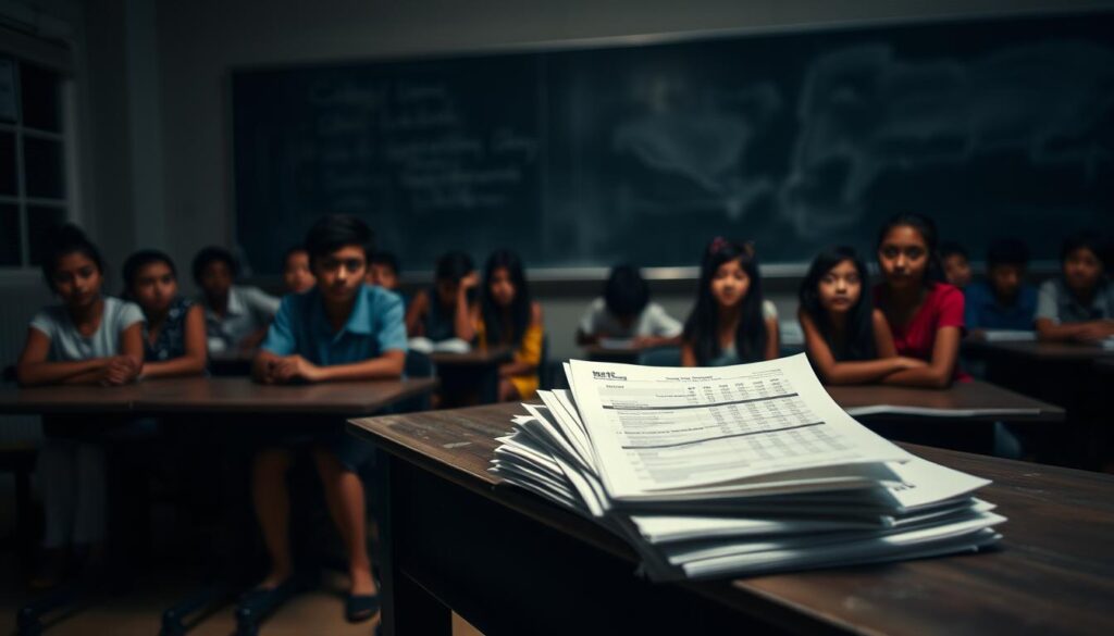 A dimly lit classroom, the foreground dominated by a teacher's desk. On the desk, a stack of test papers, highlighting the disparity in student performance. In the middle ground, students of diverse backgrounds sit attentively, their faces reflecting the impact of the teacher's unconscious biases. The background, a hazy chalkboard, hints at the systemic challenges and missed opportunities that perpetuate achievement gaps. A somber mood pervades the scene, emphasizing the need for self-reflection and systemic change to address this pressing issue.