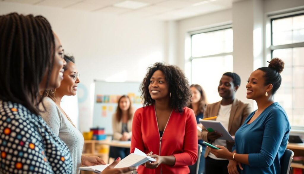 A diverse group of educators gathered in a bright, airy classroom, engaged in a collaborative training session on edtech equity. Soft, natural light filters through large windows, illuminating their focused expressions as they discuss strategies for leveraging technology to create more inclusive learning environments. In the foreground, a teacher gestures animatedly, while others take notes or share ideas. The background features an array of educational resources, from interactive whiteboards to colorful learning materials, reflecting the modern, technology-driven nature of the training. The overall mood is one of inspiration and determination, as the educators work together to unlock the transformative potential of technology for the benefit of all students.