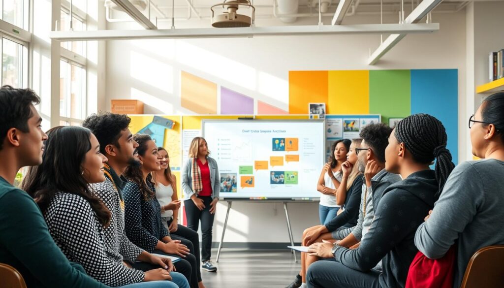 A group of diverse education professionals gathered in a modern, airy classroom filled with natural light. They are engaged in a lively discussion, exchanging ideas and best practices. The foreground features a mix of ages and ethnicities, with attentive expressions and open body language. In the middle ground, a whiteboard displays visuals and data, representing the school's progress and strategies. The background depicts a vibrant, urban school setting, with colorful accents and a sense of energy and optimism. The overall atmosphere conveys a spirit of collaboration, learning, and a shared commitment to student success.