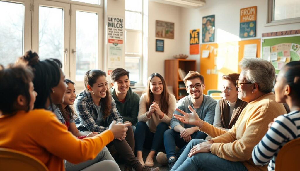 A group of diverse students sitting in a cozy, well-lit classroom, engaged in a lively discussion with their mentor, a kind, experienced teacher. The students, from various backgrounds, listen attentively, their faces filled with curiosity and hope. Warm, natural lighting cascades through the large windows, creating a nurturing, inspiring atmosphere. The mentor gestures expressively, guiding the students with wisdom and care, fostering a sense of community and shared purpose. The classroom walls are adorned with inspirational posters and student artwork, reflecting the vibrant, supportive learning environment.