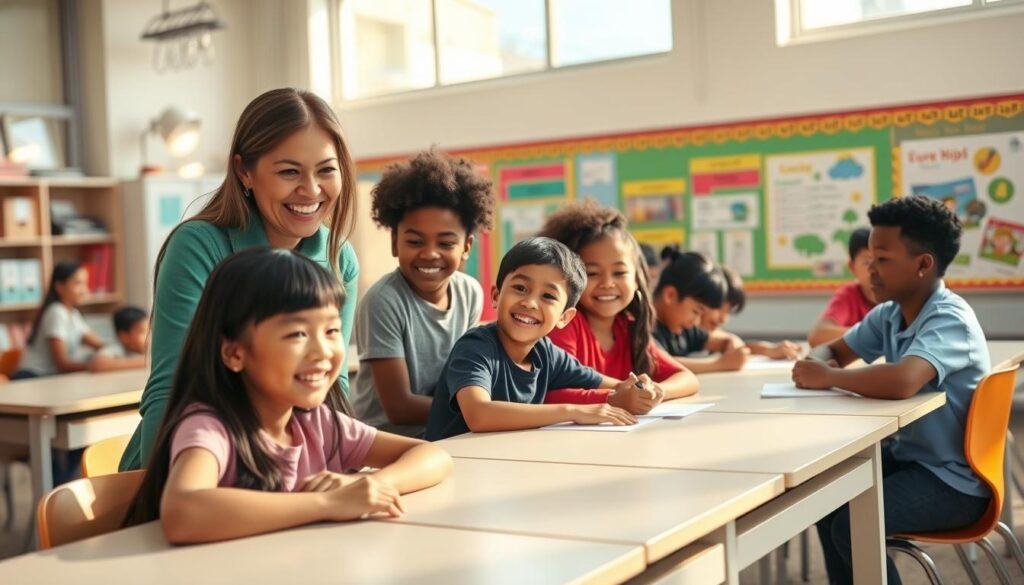 A group of diverse students, smiling and engaged, in a vibrant, well-equipped classroom. Soft, natural lighting filters through large windows, casting a warm glow. In the foreground, a teacher assists a student at a modern desk, fostering an atmosphere of collaborative learning. In the middle ground, students work in small groups, discussing ideas animatedly. The background features colorful educational displays, demonstrating the school's commitment to academic excellence and student empowerment through enriching after-school programs.