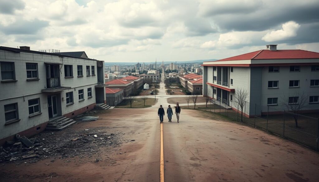 A striking visualization of disparities in school funding, captured in a panoramic view. In the foreground, a dilapidated, underfunded school with crumbling infrastructure, contrasted by a gleaming, well-equipped campus in the distance. The midground features a stark divide, with students from the two schools walking in opposite directions, representing the educational inequalities. The background showcases a diverse urban landscape, emphasizing the systemic nature of these disparities. Soft, muted tones evoke a sense of melancholy, while strategic lighting highlights the stark contrast between the two institutions. The composition draws the viewer's eye through the layers, compelling them to confront the harsh realities of the education system.