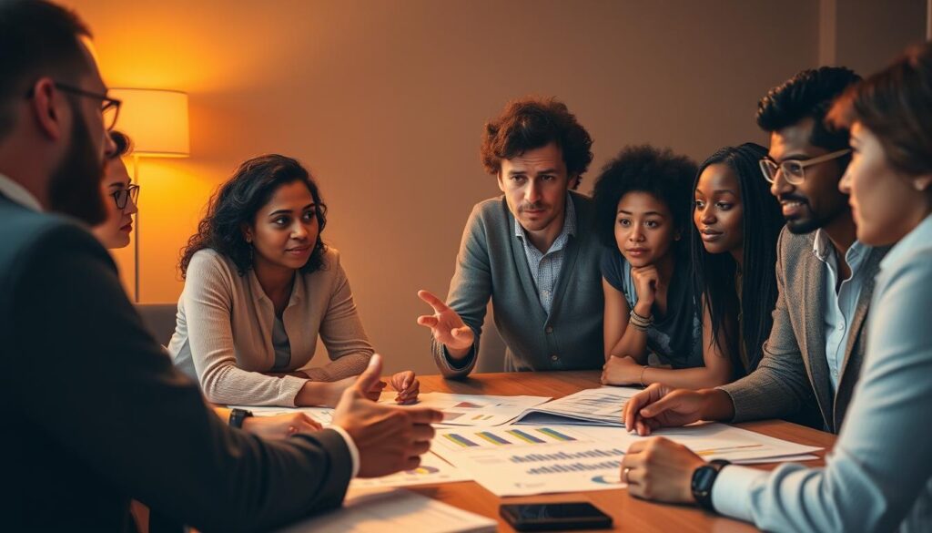 A team of diverse professionals gathered around a table, deep in discussion. Warm lighting casts a contemplative glow, as they pore over data visualizations and research papers. In the foreground, a presenter gestures animatedly, their face lit with passion, conveying the importance of translating insights into tangible initiatives. Surrounding them, attentive expressions and thoughtful nods suggest an atmosphere of engaged collaboration, as the group works to build buy-in and bridge the gap between research and real-world impact. The scene captures the dynamic process of turning data-driven knowledge into impactful, equity-focused action.