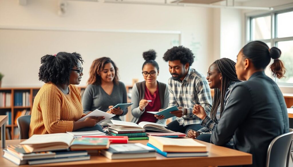 A thoughtful classroom scene with diverse students and educators collaborating on strategies to reduce bias. In the foreground, a group of students and teachers engaged in discussion, using visual aids and taking notes. The middle ground features a diverse array of textbooks, educational resources, and technology, symbolizing inclusive curriculum and teaching methods. The background showcases a bright, airy classroom with large windows, representing an open, equitable learning environment. Warm lighting, soft colors, and a sense of camaraderie convey a mood of collaboration and progress towards educational equity.