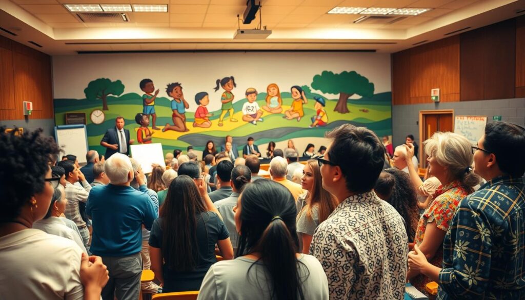 A vibrant, dynamic community gathering in a well-lit school auditorium, parents, teachers, and local leaders collaborating to address funding challenges. In the foreground, a diverse group of engaged citizens presenting ideas on whiteboards and brainstorming solutions. In the middle ground, a panel discussion taking place, the participants gesturing animatedly. In the background, a mural depicting children learning and thriving, symbolizing the community's investment in education. Warm, natural lighting illuminates the scene, conveying a sense of optimism and collective determination to ensure equitable opportunities for all students.
