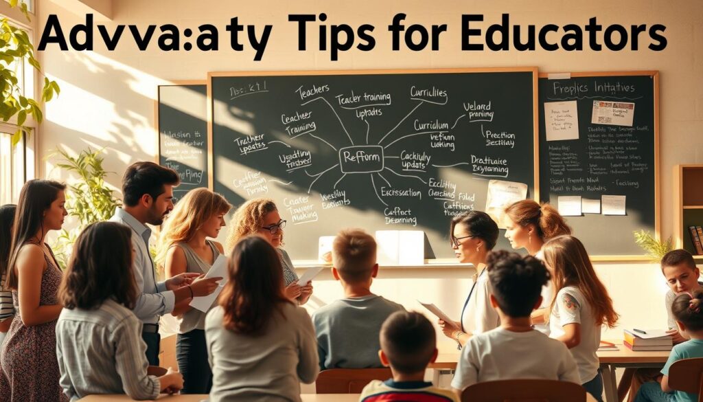 A vibrant, dynamic tableau showcasing strategies for educational reform and achievement. In the foreground, a group of diverse educators passionately collaborating, exchanging ideas and documents. Midground, a chalkboard displays a mind map of reform initiatives - teacher training, curriculum updates, data-driven decision making. In the background, a warm, sun-dappled schoolyard, students engaged in creative, hands-on learning. Soft, golden lighting illuminates the scene, conveying a sense of progress and optimism. Angles are slightly elevated, capturing the collaborative energy and forward momentum of the "Advocacy Tips for Educators" subject matter.
