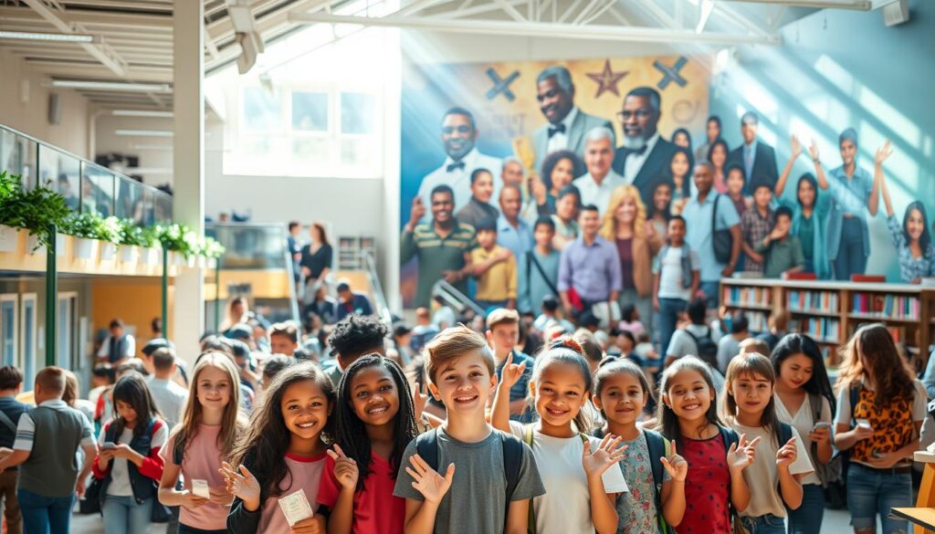 A vibrant school campus bustling with activity, students of diverse backgrounds engaged in lively discussions and collaborative projects. Sunlight streams through large windows, illuminating the open, airy spaces designed to foster learning and growth. In the foreground, a group of young people proudly present their achievements, their faces beaming with confidence and a sense of purpose. The middle ground showcases state-of-the-art facilities and resources, from high-tech laboratories to well-stocked libraries, all tailored to support the success of every student. In the background, a mural depicting inspirational figures and historical milestones serves as a reminder of the transformative power of education.