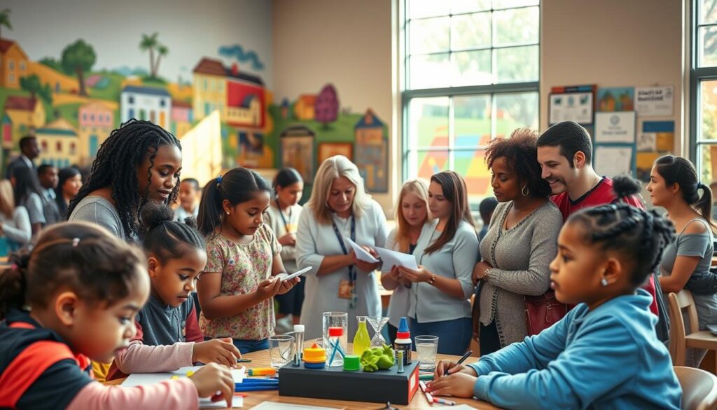 A warm, inviting community center with diverse groups of students, parents, and educators collaborating. In the foreground, a group of students from different backgrounds are engaged in a hands-on STEM activity, their faces filled with excitement. In the middle ground, teachers and community members are deep in discussion, brainstorming ways to support student success. The background features vibrant murals depicting the local neighborhood, bathed in soft, natural lighting that filters through large windows. The overall scene conveys a sense of unity, purpose, and a shared commitment to closing the achievement gap through meaningful partnerships.