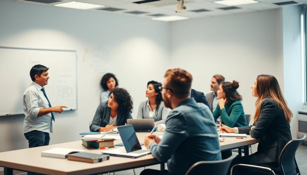 A well-lit classroom scene with a group of diverse professionals engaged in a lively discussion. In the foreground, a facilitator stands at the front of the room, using a whiteboard to illustrate key points. Around the table, attentive participants take notes and share ideas, their expressions reflecting deep concentration and intellectual engagement. The middle ground features a variety of educational materials, such as textbooks, laptops, and markers, conveying a sense of a productive, collaborative learning environment. The background is softly blurred, drawing the viewer's attention to the central activity and creating a sense of focus and purpose. The overall mood is one of professional development, with an atmosphere of discovery, growth, and shared knowledge.