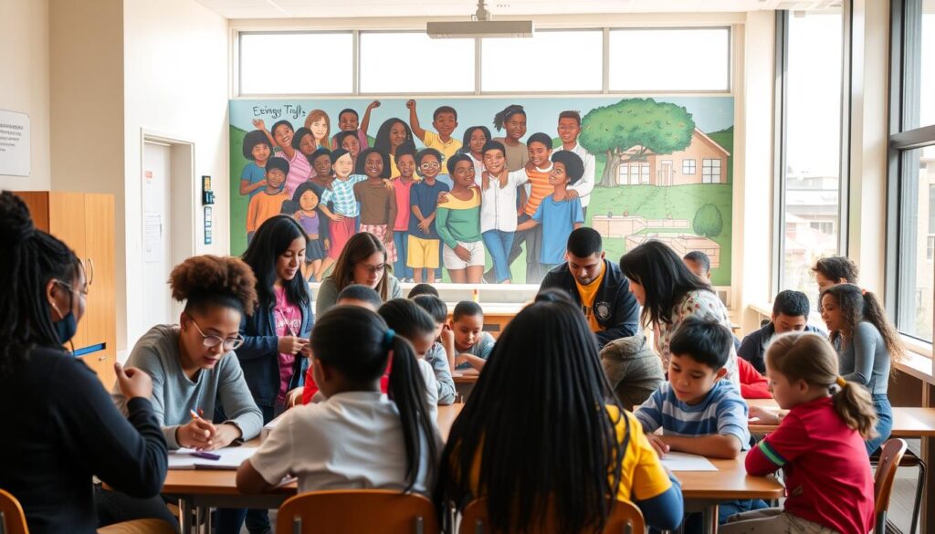 Closing achievement gap through community partnerships: A diverse group of educators, students, and community members collaborating in a warm, vibrant school setting. In the foreground, teachers and volunteers guide small groups of students through engaging learning activities. The middle ground features a mural depicting students of various backgrounds supporting one another, symbolizing the power of unity. In the background, a large window overlooks a thriving neighborhood, suggesting the deep connections between the school and its community. Soft, natural lighting fills the space, creating an atmosphere of optimism and progress. The scene conveys a sense of shared purpose, empowerment, and a steadfast commitment to equity in education.