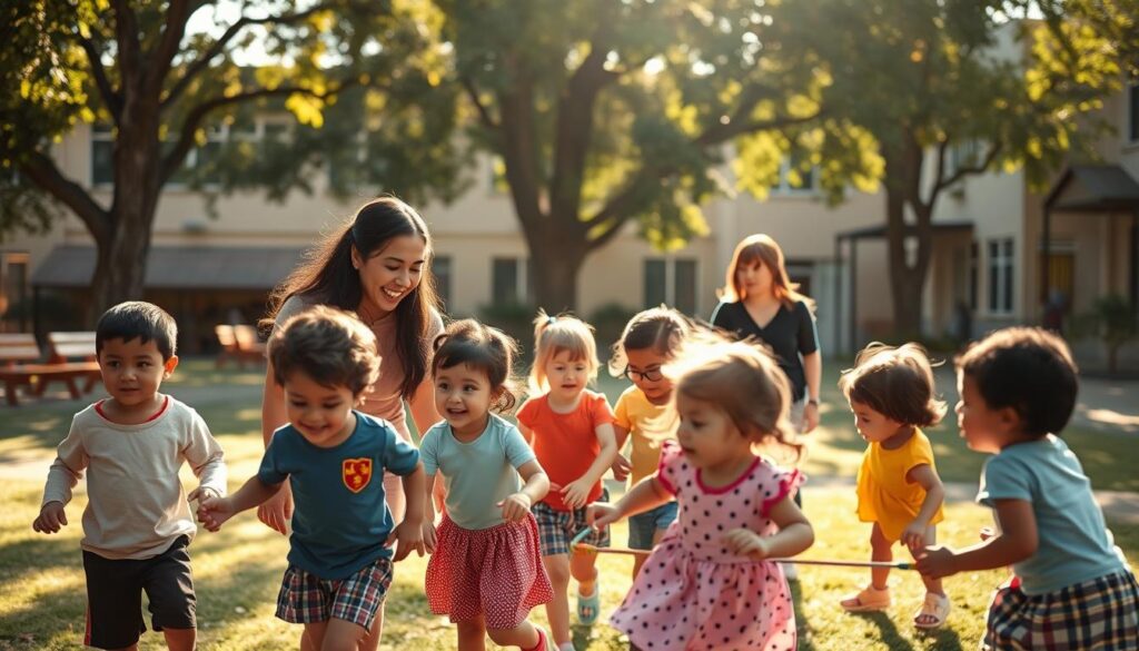 Vibrant schoolyard, diverse children playing together, learning assistants guiding them. Sunlight filters through trees, casting warm shadows. Inclusive equipment and adaptive tools blend seamlessly. Warm tones, soft focus, inviting atmosphere. Capture the joy of learning, the embrace of community, and the power of equal access. Convey the promise of a future where all students thrive, regardless of ability. Depict special education equity in action, a world where no one is left behind.